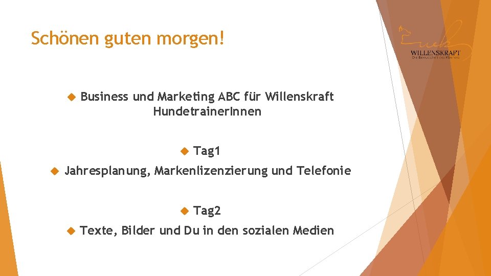 Schönen guten morgen! Business und Marketing ABC für Willenskraft Hundetrainer. Innen Tag 1 Jahresplanung,