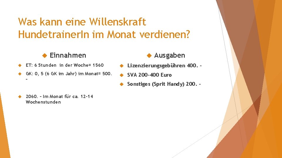 Was kann eine Willenskraft Hundetrainer. In im Monat verdienen? Einnahmen Ausgaben ET: 6 Stunden