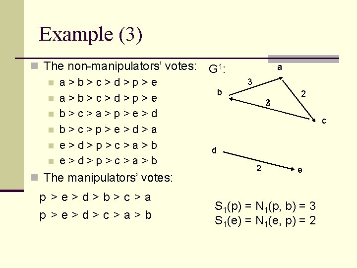 Example (3) n The non-manipulators’ votes: n a>b>c>d>p>e n b>c>a>p>e>d n b>c>p>e>d>a n e>d>p>c>a>b