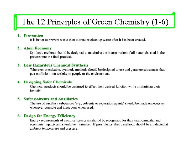 The 12 Principles of Green Chemistry (1 -6) 