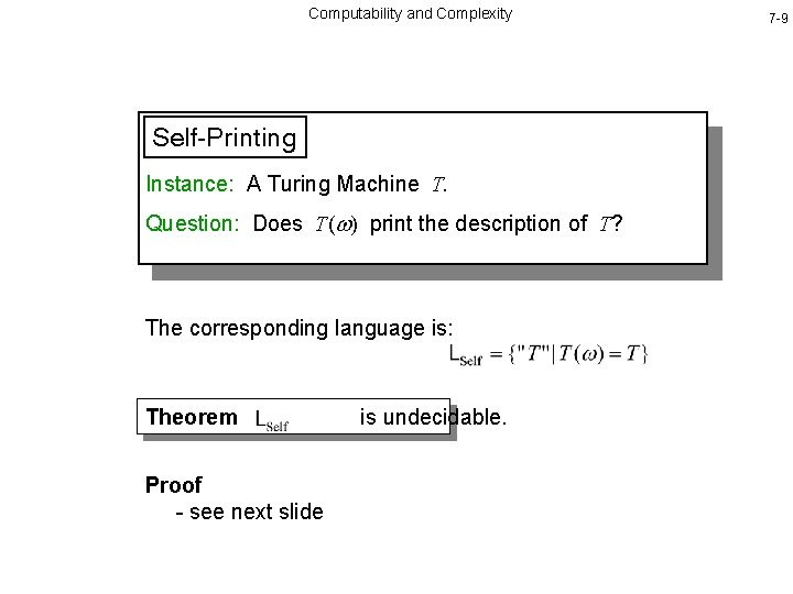 Computability and Complexity Self-Printing Instance: A Turing Machine T. Question: Does T( ) print