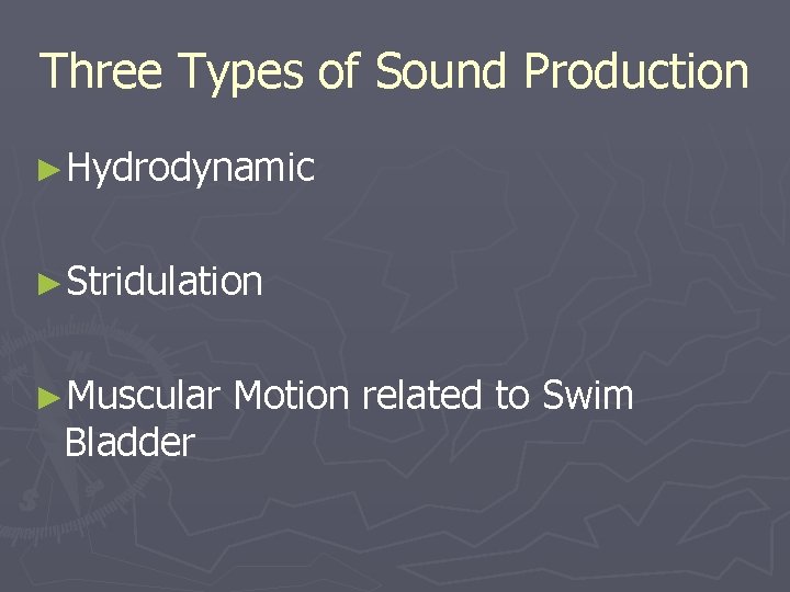 Three Types of Sound Production ►Hydrodynamic ►Stridulation ►Muscular Bladder Motion related to Swim 