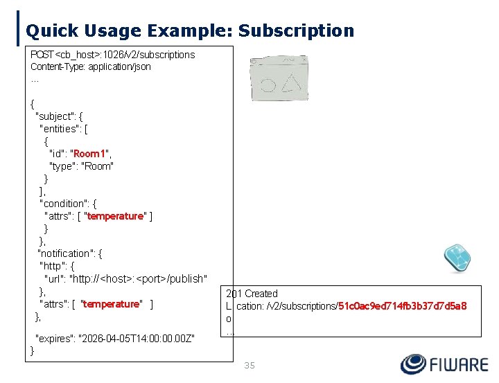 Quick Usage Example: Subscription POST <cb_host>: 1026/v 2/subscriptions Content-Type: application/json … { "subject": {