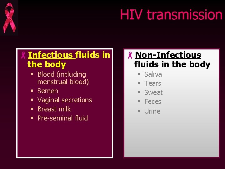HIV transmission -Infectious fluids in the body § Blood (including menstrual blood) § Semen