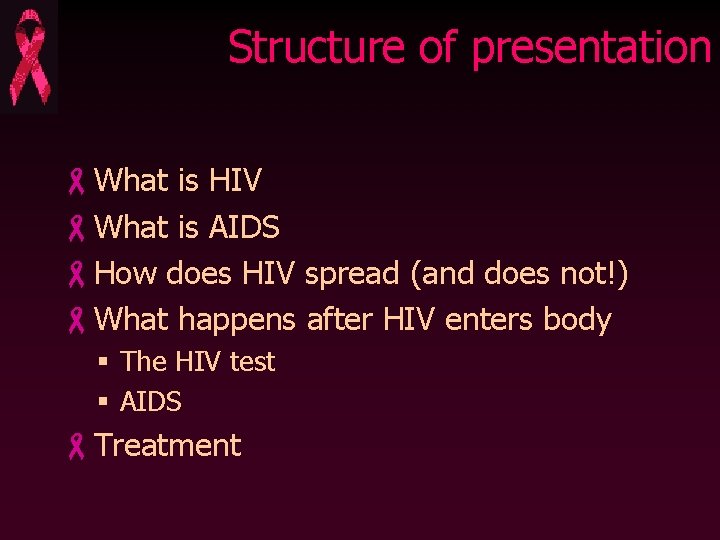 Structure of presentation -What is HIV -What is AIDS -How does HIV spread (and