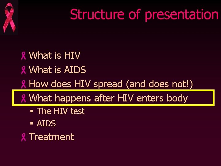 Structure of presentation -What is HIV -What is AIDS -How does HIV spread (and