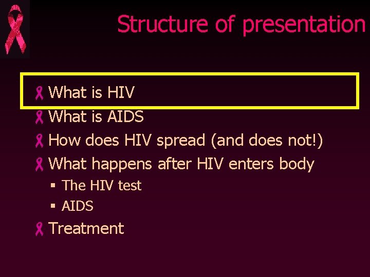 Structure of presentation -What is HIV -What is AIDS -How does HIV spread (and