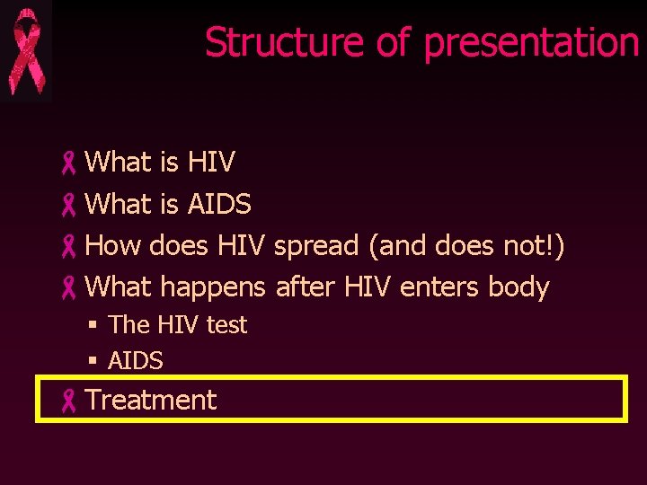 Structure of presentation -What is HIV -What is AIDS -How does HIV spread (and