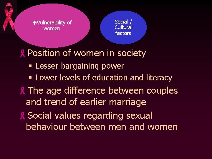  Vulnerability of women Social / Cultural factors -Position of women in society §