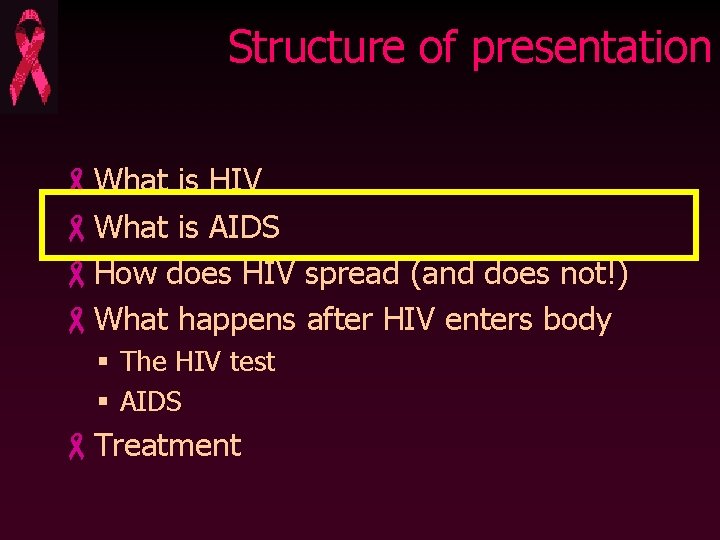 Structure of presentation -What is HIV -What is AIDS -How does HIV spread (and