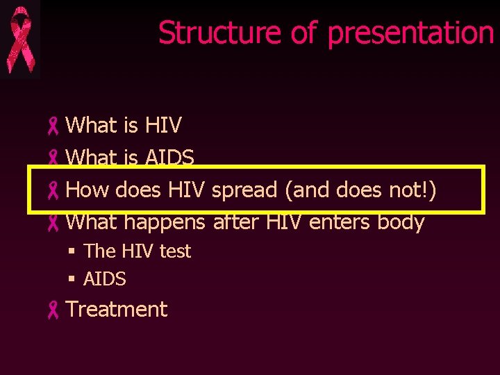 Structure of presentation -What is HIV -What is AIDS -How does HIV spread (and