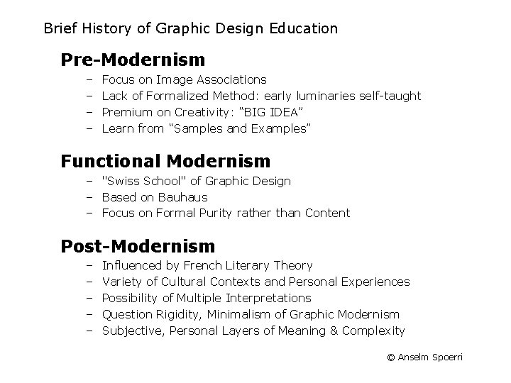 Brief History of Graphic Design Education Pre-Modernism – – Focus on Image Associations Lack
