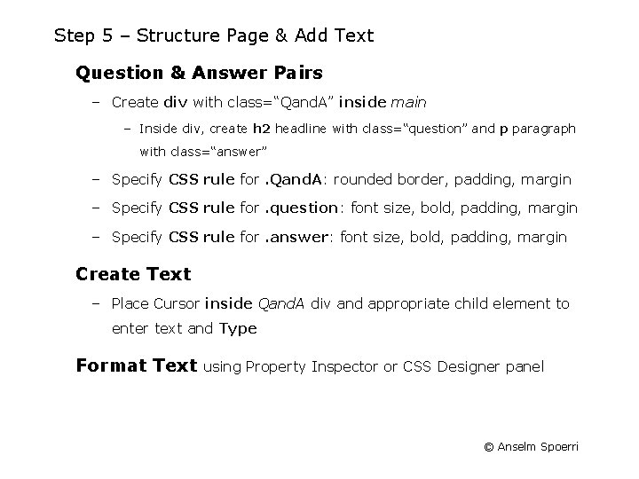 Step 5 – Structure Page & Add Text Question & Answer Pairs – Create