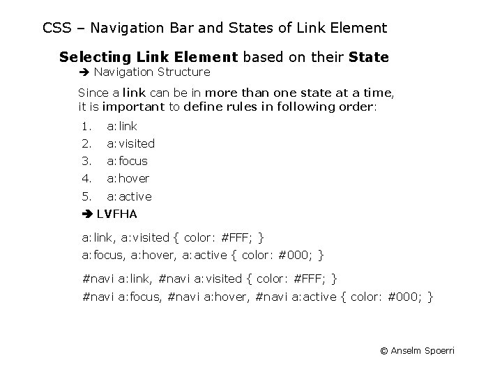 CSS – Navigation Bar and States of Link Element Selecting Link Element based on
