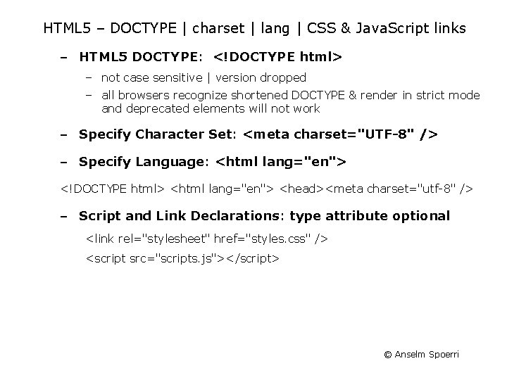 HTML 5 – DOCTYPE | charset | lang | CSS & Java. Script links
