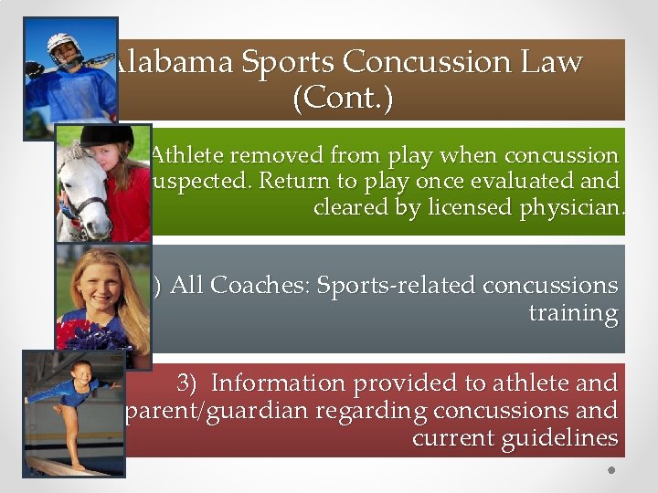 Alabama Sports Concussion Law (Cont. ) 1) Athlete removed from play when concussion suspected.