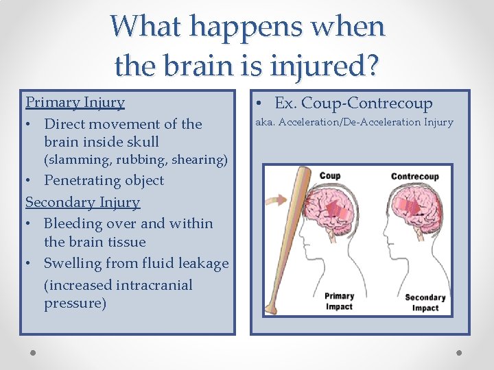 What happens when the brain is injured? Primary Injury • Direct movement of the