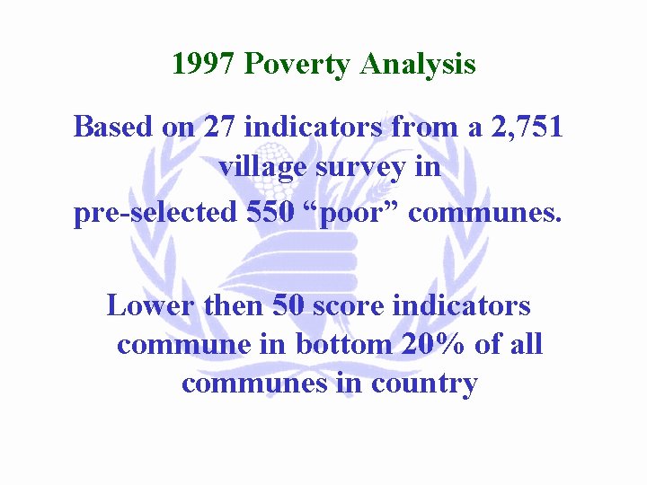 1997 Poverty Analysis Based on 27 indicators from a 2, 751 village survey in