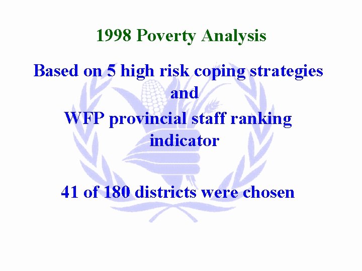 1998 Poverty Analysis Based on 5 high risk coping strategies and WFP provincial staff