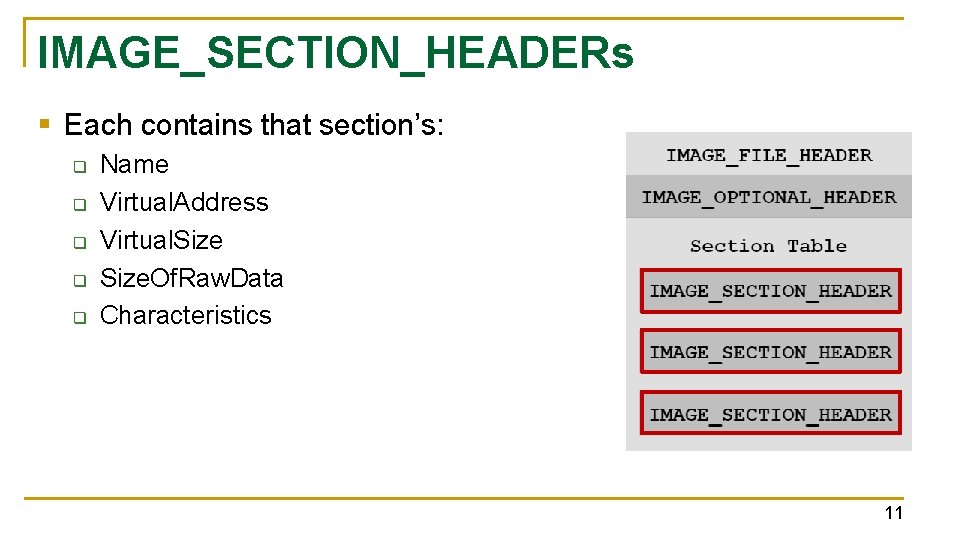 IMAGE_SECTION_HEADERs § Each contains that section’s: q q q Name Virtual. Address Virtual. Size.