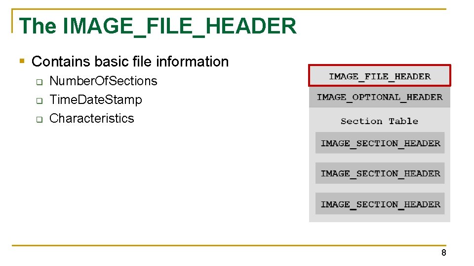 The IMAGE_FILE_HEADER § Contains basic file information q q q Number. Of. Sections Time.