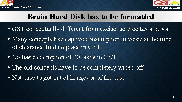 www. avinashpoddar. com www. gstclub. in Brain Hard Disk has to be formatted •