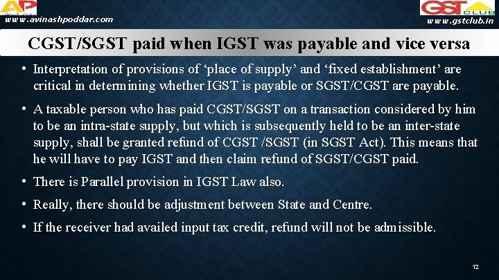www. avinashpoddar. com www. gstclub. in CGST/SGST paid when IGST was payable and vice