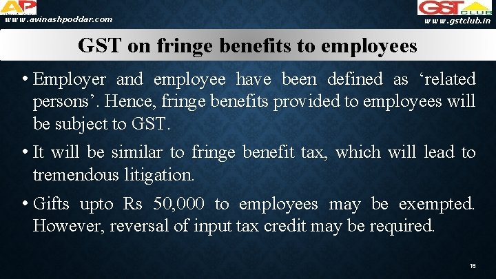 www. avinashpoddar. com www. gstclub. in GST on fringe benefits to employees • Employer