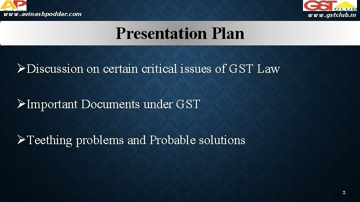 www. avinashpoddar. com www. gstclub. in Presentation Plan ØDiscussion on certain critical issues of