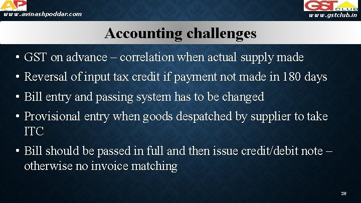 www. avinashpoddar. com www. gstclub. in Accounting challenges • GST on advance – correlation