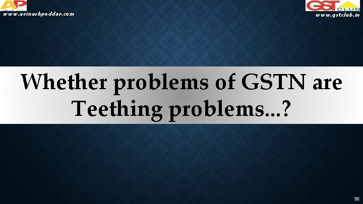 www. avinashpoddar. com www. gstclub. in Whether problems of GSTN are Teething problems. .