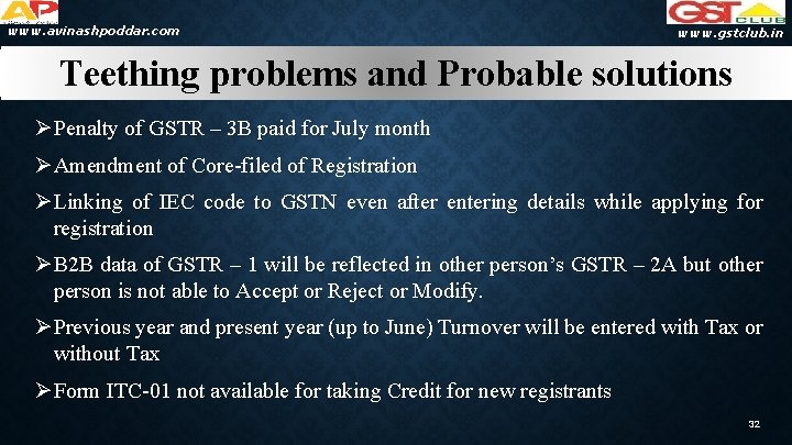 www. avinashpoddar. com www. gstclub. in Teething problems and Probable solutions ØPenalty of GSTR