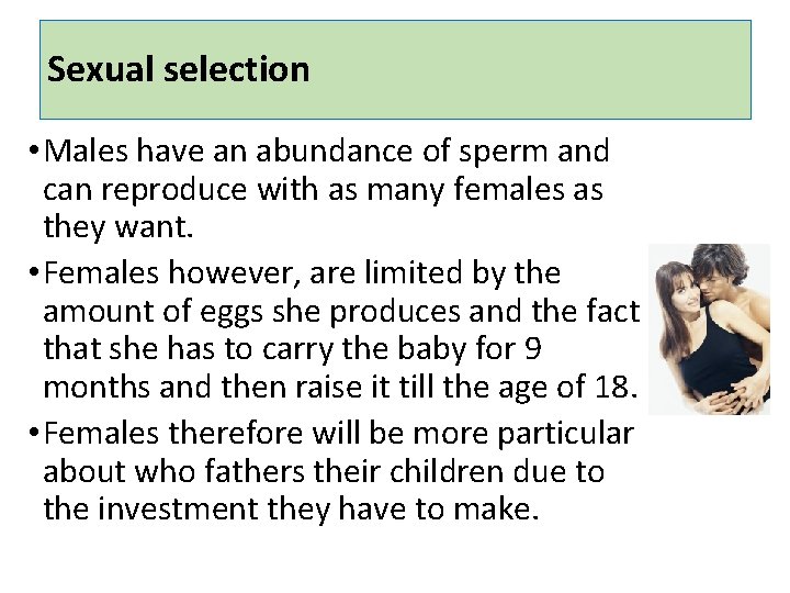 Sexual selection • Males have an abundance of sperm and can reproduce with as
