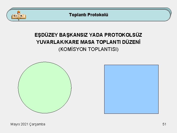 Toplantı Protokolü EŞDÜZEY BAŞKANSIZ YADA PROTOKOLSÜZ YUVARLAK/KARE MASA TOPLANTI DÜZENİ (KOMİSYON TOPLANTISI) Mayıs 2021