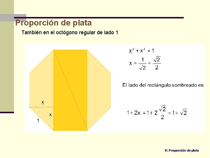 Proporción de plata También en el octógono regular de lado 1 V: Proporción de