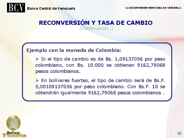 LA RECONVERSIÓN MONETARIA EN VENEZUELA Banco Central de Venezuela RECONVERSIÓN Y TASA DE CAMBIO