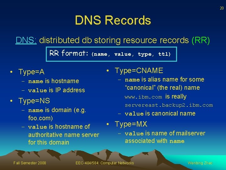 20 DNS Records DNS: distributed db storing resource records (RR) RR format: (name, value,