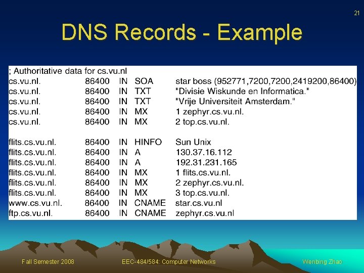 21 DNS Records - Example Fall Semester 2008 EEC-484/584: Computer Networks Wenbing Zhao 