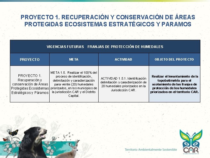 PROYECTO 1. RECUPERACIÓN Y CONSERVACIÓN DE ÁREAS PROTEGIDAS ECOSISTEMAS ESTRATÉGICOS Y PARAMOS VIGENCIAS FUTURAS