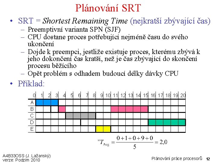 Plánování SRT • SRT = Shortest Remaining Time (nejkratší zbývající čas) – Preemptivní varianta