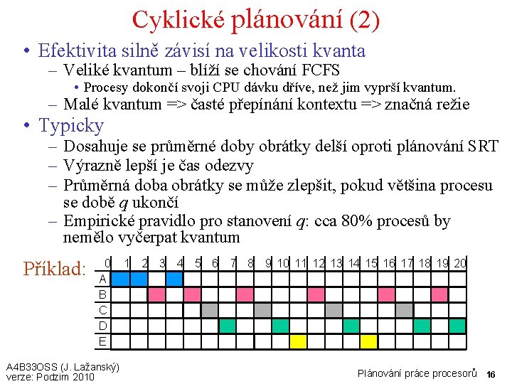 Cyklické plánování (2) • Efektivita silně závisí na velikosti kvanta – Veliké kvantum –