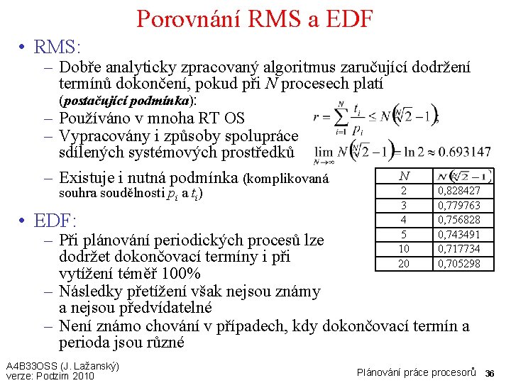 Porovnání RMS a EDF • RMS: – Dobře analyticky zpracovaný algoritmus zaručující dodržení termínů