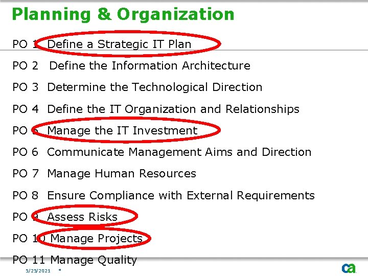 Planning & Organization PO 1 Define a Strategic IT Plan PO 2 Define the