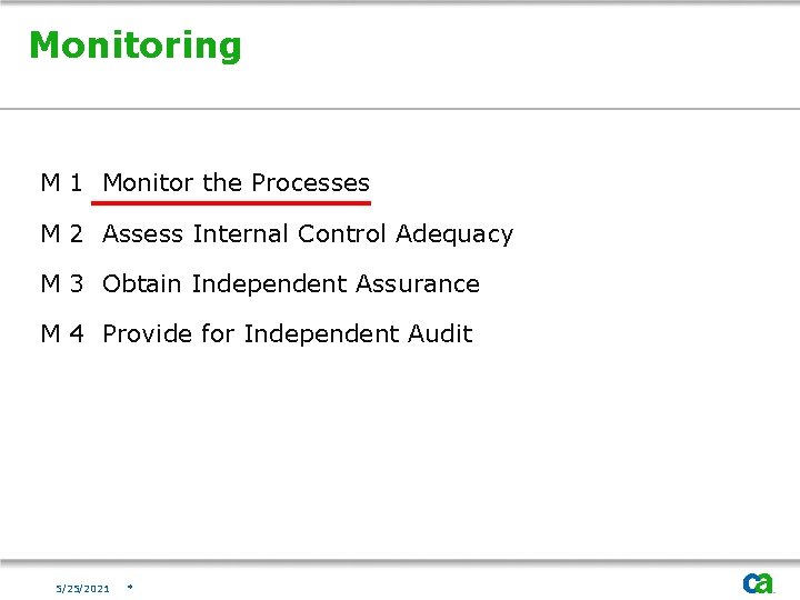 Monitoring M 1 Monitor the Processes M 2 Assess Internal Control Adequacy M 3