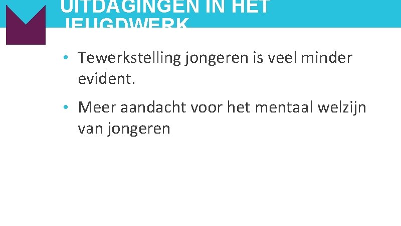 UITDAGINGEN IN HET JEUGDWERK • Tewerkstelling jongeren is veel minder evident. • Meer aandacht