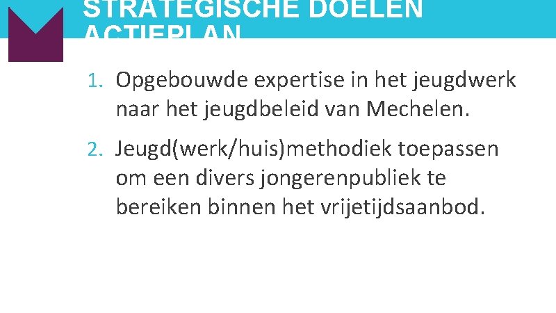 STRATEGISCHE DOELEN ACTIEPLAN 1. Opgebouwde expertise in het jeugdwerk naar het jeugdbeleid van Mechelen.