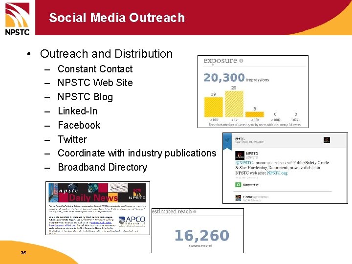 Social Media Outreach • Outreach and Distribution – – – – 35 Constant Contact