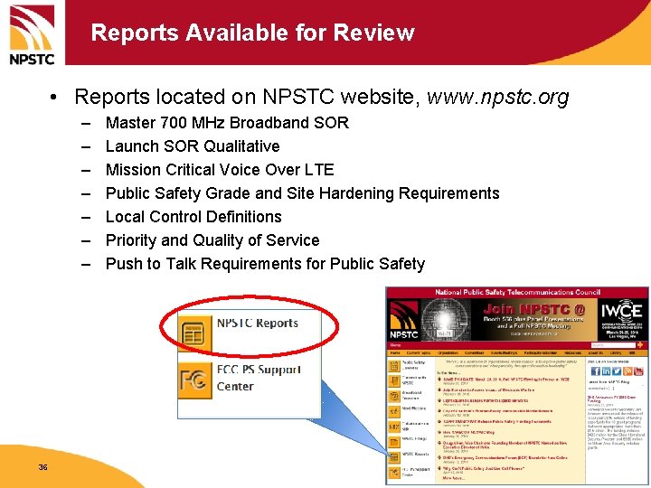 Reports Available for Review • Reports located on NPSTC website, www. npstc. org –