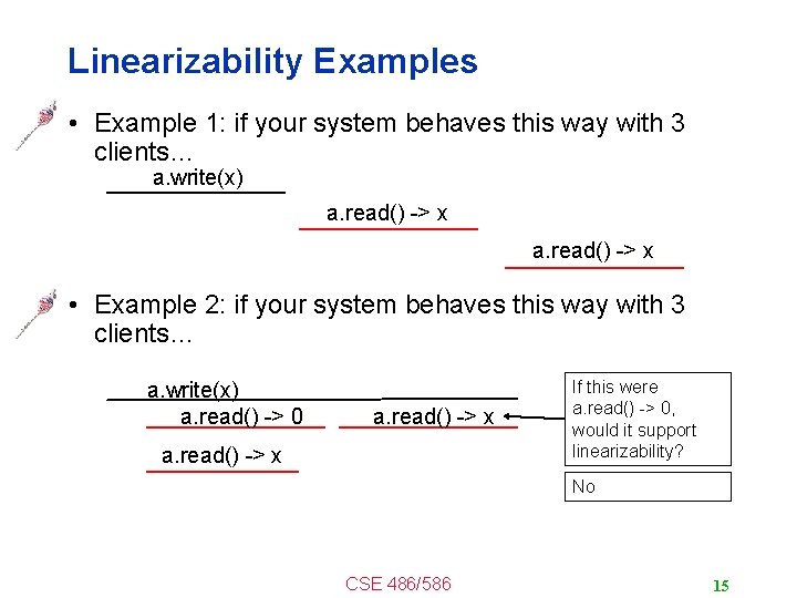 Linearizability Examples • Example 1: if your system behaves this way with 3 clients…