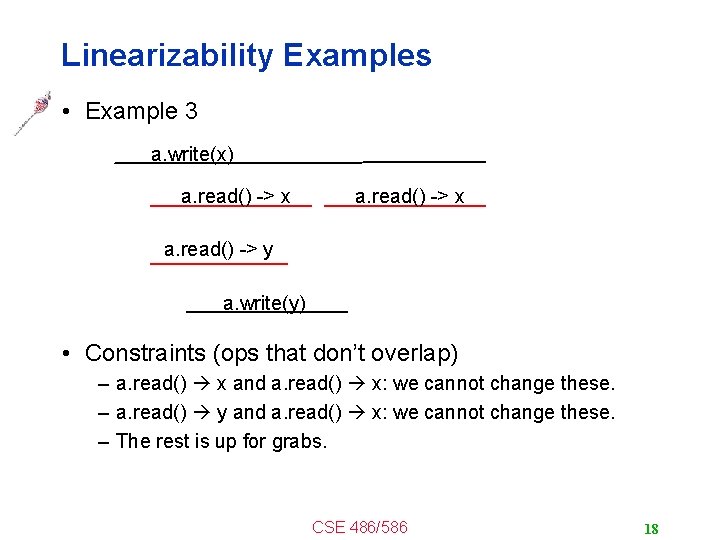Linearizability Examples • Example 3 a. write(x) a. read() -> x a. read() ->